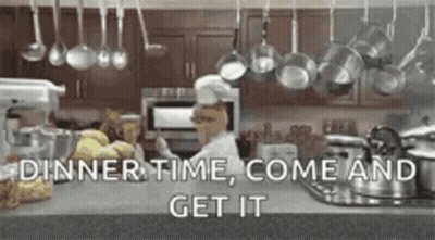A Chef Is Cooking In A Kitchen With The Words Dinner Time Come And Get It GIF