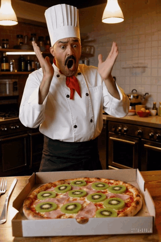A Chef Is Looking At A Pizza With Kiwi Slices On It GIF