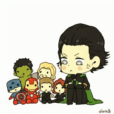 A Chibi Drawing Of Loki Surrounded By Stuffed Avengers . GIF
