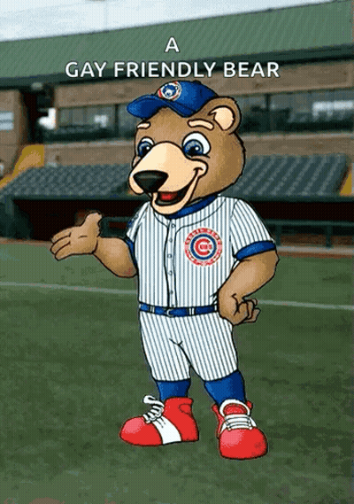 A Chicago Cubs Mascot Is Wearing A Blue And White Striped Uniform GIF