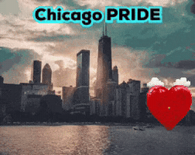 A Chicago Pride Poster With A City Skyline And A Red Heart In The Foreground GIF