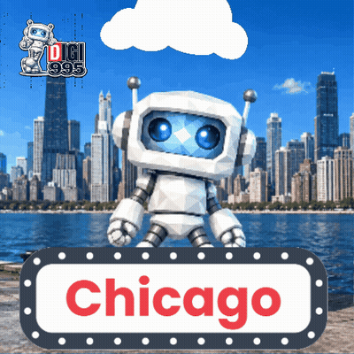 A Chicago Sign With A Robot In Front Of It GIF