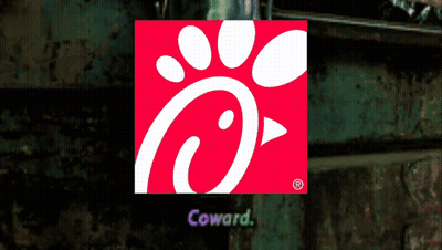 A Chick-Fil-A Logo On A Red Background With The Word Coward Below It GIF