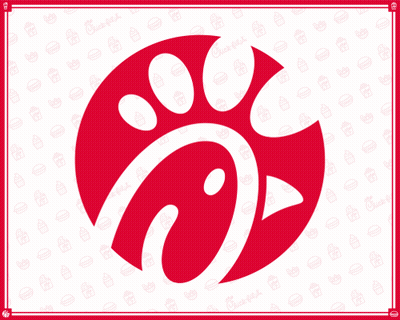 A Chick-Fil-A Logo On A White Background With A Pattern Of Hamburgers And Cupcakes GIF