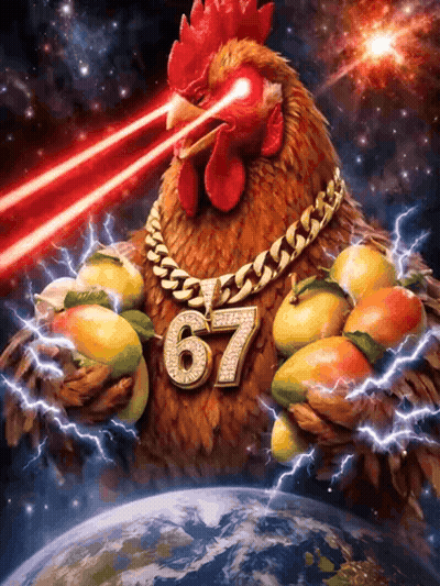 A Chicken Wearing A Necklace With The Number 67 GIF