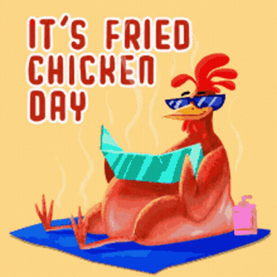 A Chicken Wearing Sunglasses Is Laying On A Blue Mat With The Words It 'S Fried Chicken Day Above It GIF