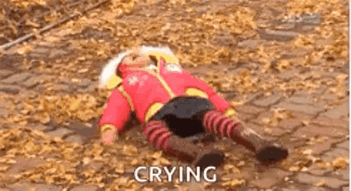 A Child Is Crying While Laying On The Ground In Leaves . GIF