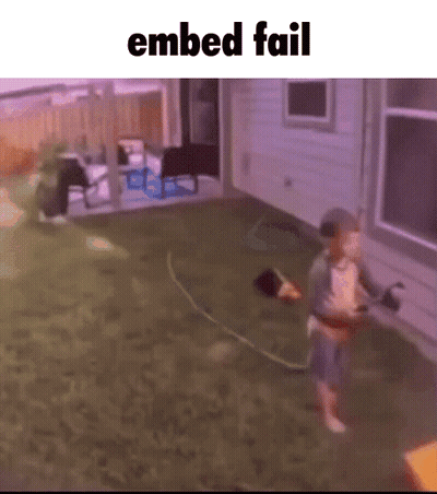 A Child Is Playing With A Hose In Front Of A House And The Words Embed Fail Are Above Him GIF