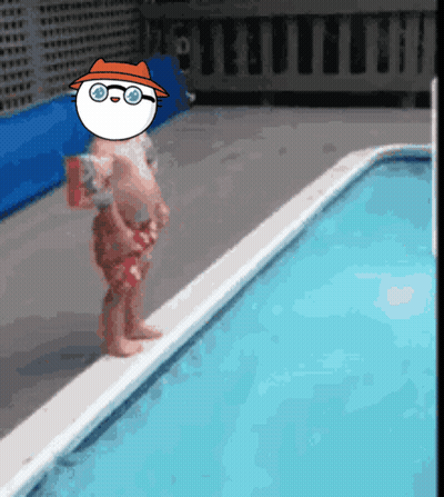 A Child Is Standing On The Edge Of A Pool Wearing A Hat And Glasses GIF