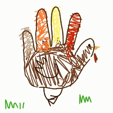 A Child 'S Drawing Of A Turkey Made Out Of Their Hand With The Letter M Visible GIF