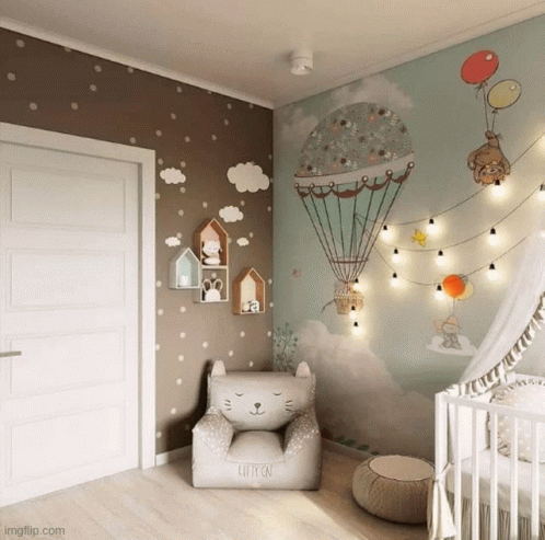 A Child 'S Room With A Cat Chair And A Hot Air Balloon Mural GIF