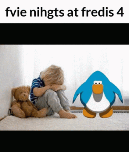 A Child Sitting Next To A Teddy Bear And A Penguin With The Words Fvie Nihgts At Fredis 4 GIF