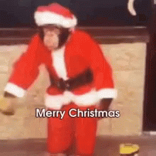 A Chimpanzee Dressed In A Santa Suit Is Dancing . GIF