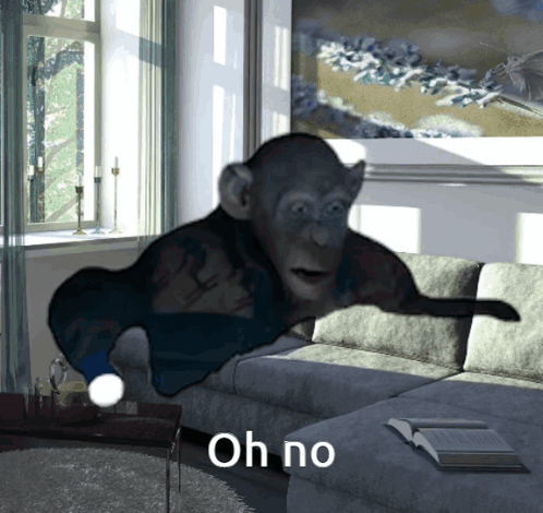 A Chimpanzee Is Laying On A Couch With The Words Oh No Below Him GIF