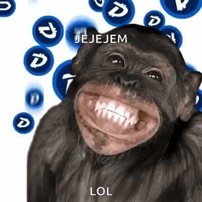 A Chimpanzee Is Smiling In Front Of A Background Of Blue Circles With The Words Jejejem Lol Written Below It GIF
