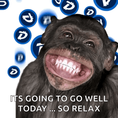 A Chimpanzee Is Smiling With The Words " It 'S Going To Go Well Today So Relax " GIF