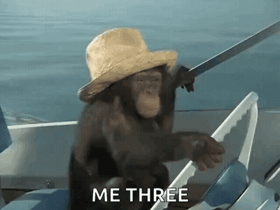 A Chimpanzee Wearing A Hat And Holding A Sword Is Sitting On A Boat . GIF