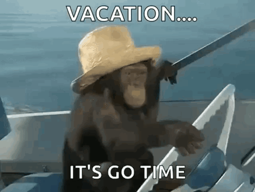 A Chimpanzee Wearing A Straw Hat Is Sitting On A Boat With The Words " Vacation ... It 'S Go Time " GIF