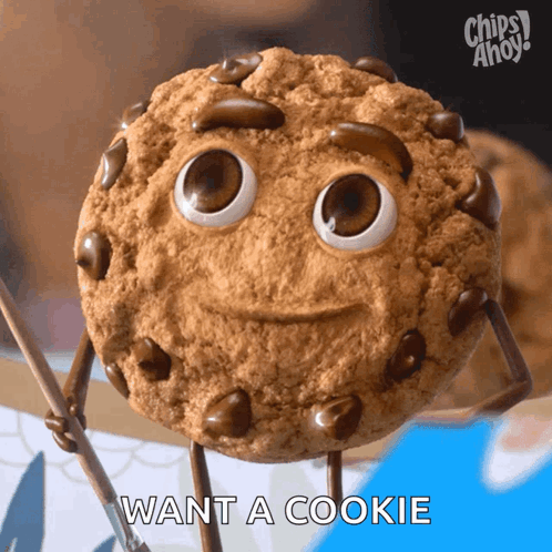 A Chip 'S Ahoy Cookie With Arms And Legs Holding A Stick GIF