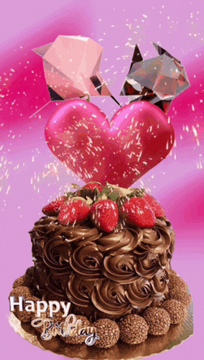 A Chocolate Birthday Cake With Strawberries And A Heart Shaped Balloon GIF