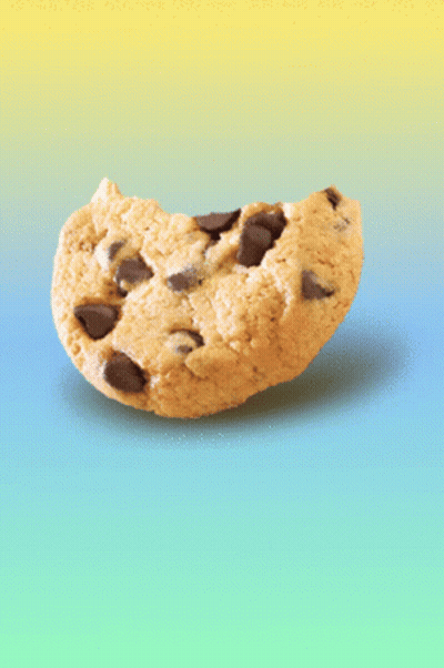 A Chocolate Chip Cookie With A Bite Taken Out Of It On A Blue And Yellow Background GIF