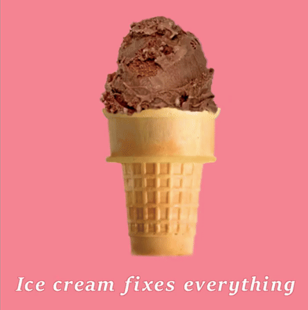 A Chocolate Ice Cream Cone On A Pink Background With The Words Ice Cream Fixes Everything Below It GIF