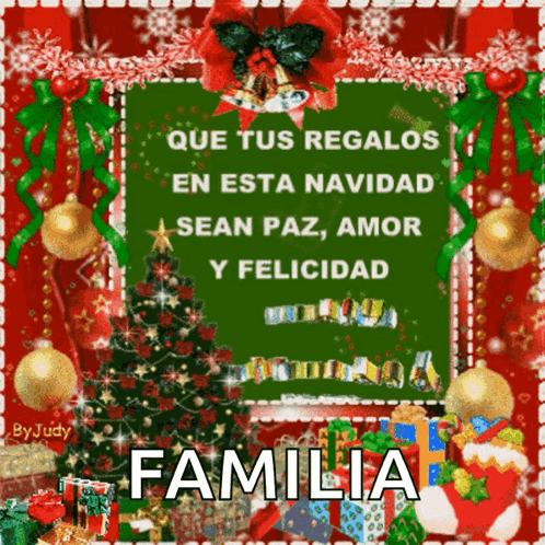 A Christmas Card In Spanish With A Christmas Tree And Gifts GIF