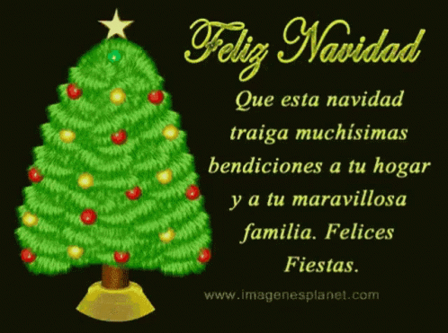 A Christmas Card In Spanish With A Christmas Tree And The Words Feliz Navidad GIF
