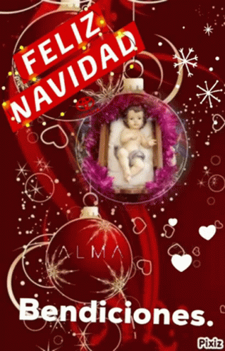 A Christmas Card That Says Feliz Navidad Bendiciones With A Baby Jesus GIF