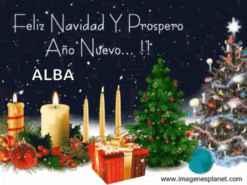 A Christmas Card That Says Feliz Navidad Y Prospero Alba On It GIF