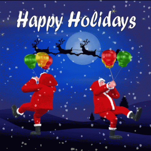 A Christmas Card That Says Happy Holidays With Santa Holding Balloons GIF