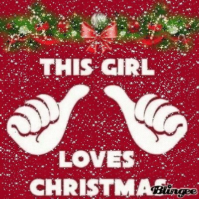 A Christmas Card That Says `` This Girl Loves Christmas '' With Two Hands On A Red Background . GIF