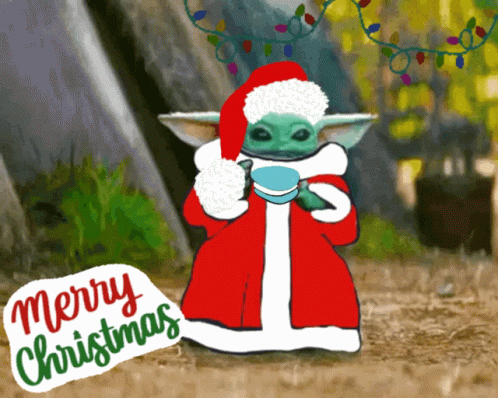 A Christmas Card With A Baby Yoda Wearing A Santa Hat And Holding A Cup Of Coffee GIF