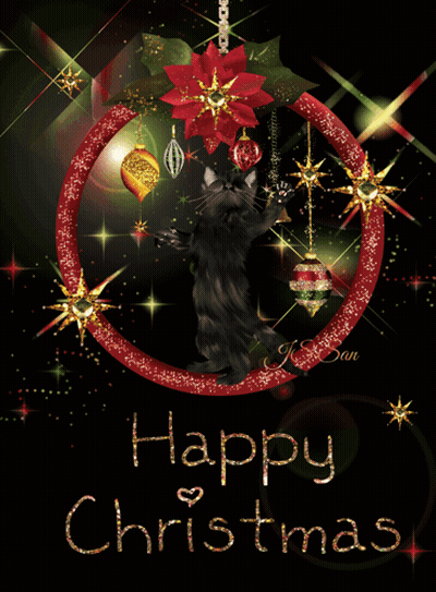 A Christmas Card With A Black Cat And The Words Happy Christmas On It GIF