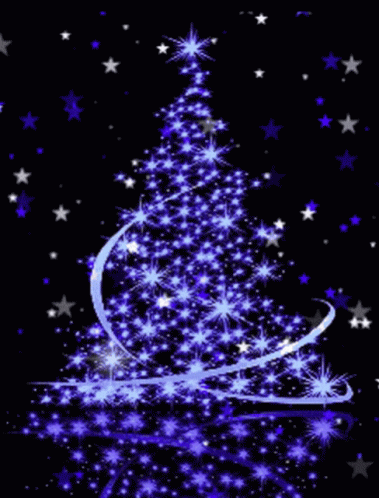 A Christmas Card With A Blue Christmas Tree And The Words Merry Christmas GIF