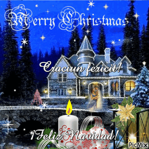 A Christmas Card With A Castle And A Candle And The Words Merry Christmas GIF