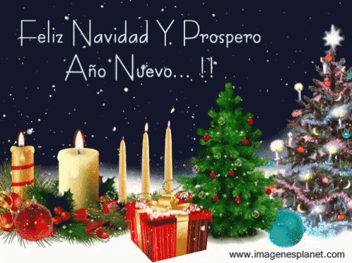 A Christmas Card With A Christmas Tree And Candles Says Feliz Navidad Y Prospero Ano Nuevo GIF
