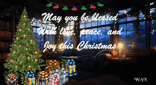 A Christmas Card With A Christmas Tree And Gifts GIF