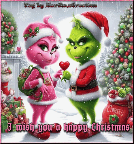 A Christmas Card With A Grinch And A Pink Bunny Holding A Heart GIF