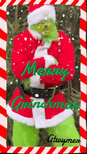 A Christmas Card With A Grinch Dressed As Santa Claus GIF