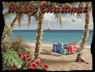 A Christmas Card With A Hammock On The Beach And The Words Merry Christmas GIF