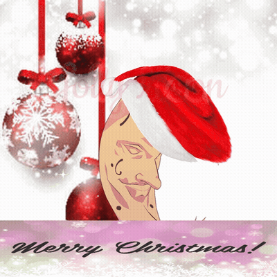 A Christmas Card With A Man Wearing A Santa Hat And The Words Merry Christmas On The Bottom GIF