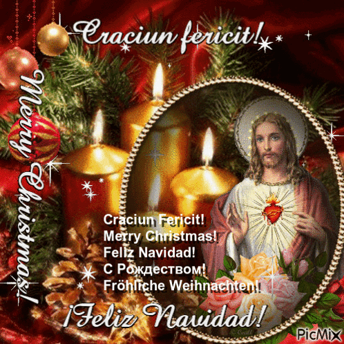 A Christmas Card With A Picture Of Jesus Surrounded By Lit Candles GIF