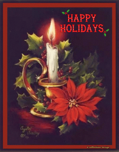 A Christmas Card With A Poinsettia And A Candle And The Words Happy Holidays GIF