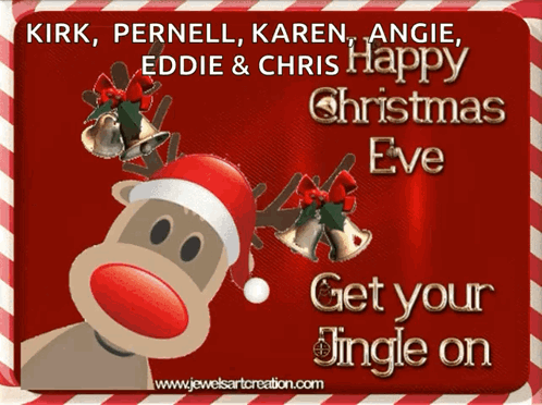 A Christmas Card With A Reindeer Wearing A Santa Hat And Bells Says Get Your Jingle On GIF