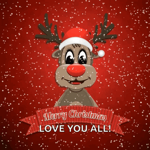 A Christmas Card With A Reindeer Wearing A Santa Hat GIF