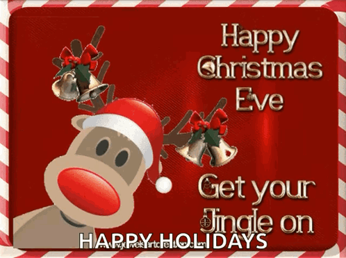 A Christmas Card With A Reindeer Wearing A Santa Hat GIF