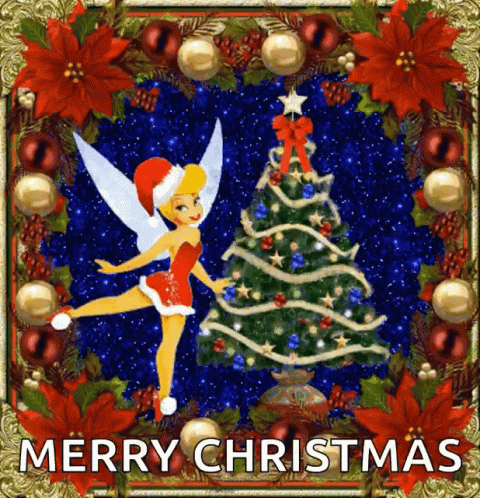 A Christmas Card With A Tinkerbell And A Christmas Tree GIF
