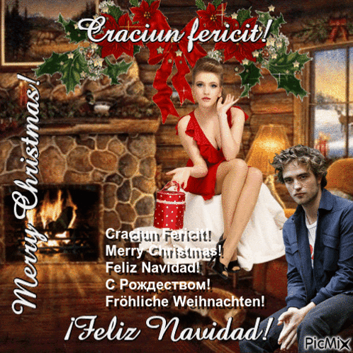 A Christmas Card With A Woman In A Red Dress And A Man In A Blue Jacket GIF