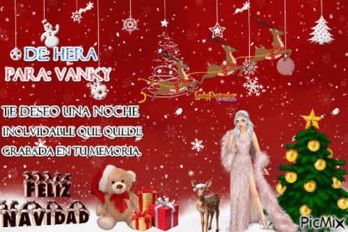 A Christmas Card With A Woman Standing In Front Of A Christmas Tree And A Teddy Bear GIF